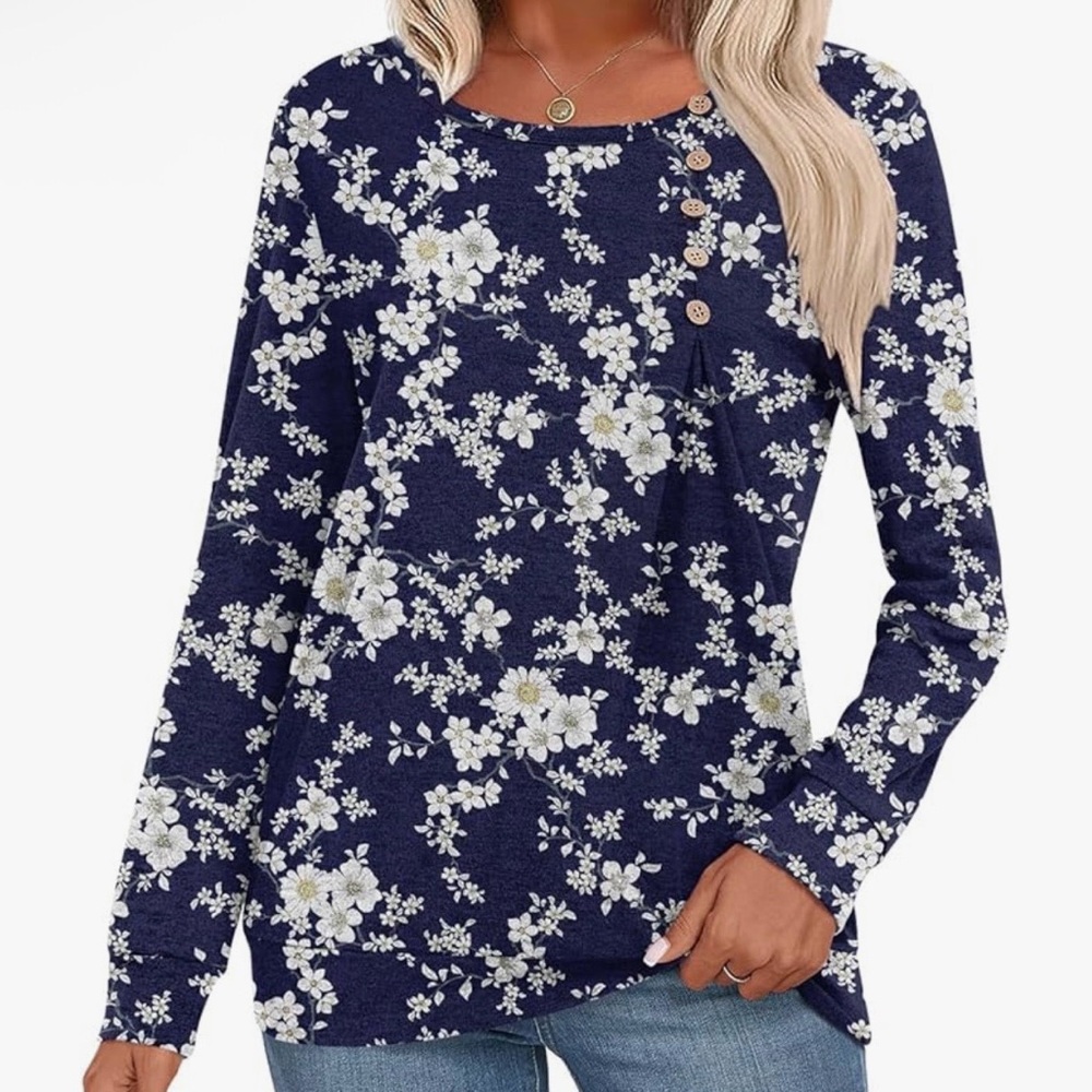 Navy Floral Long Sleeve Casual Knit Top
